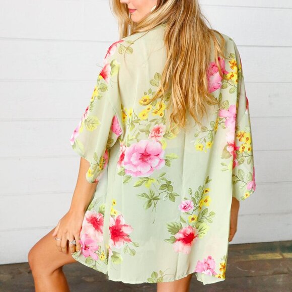 New Sage Floral Print Chiffon Cover Up Kimono  Size Large & 2X - Picture 7 of 8